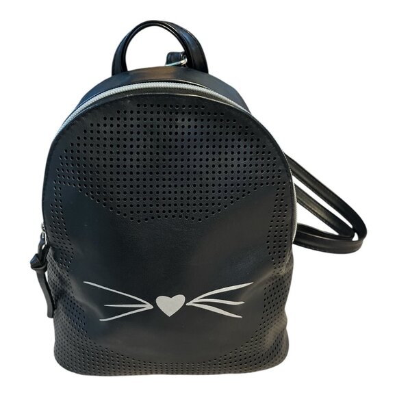 Cat-Face Faux Leather Mini Backpack – Black Perforated Whiskers Design – 9x8x4” - Picture 1 of 9